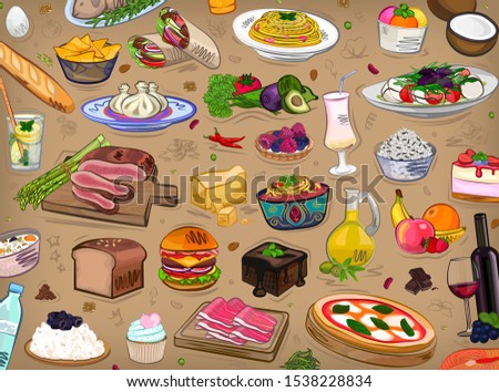 Food set, different, kitchen, restaurant, vector illustration