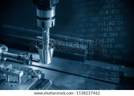 The abstract scene sinker EDM machine simulate operation and the G-code data background. The mould and die manufacturing process by Electrode Discharge Machine,EDM with the copper material electrode. Royalty-Free Stock Photo #1538237462