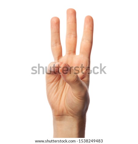 Finger spelling number 6 in American Sign Language on white background. ASL concept