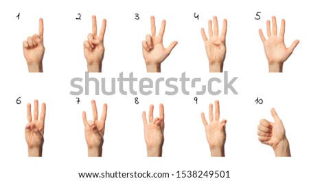 Finger spelling numbers from 1 to 10 in American Sign Language on white background. ASL concept