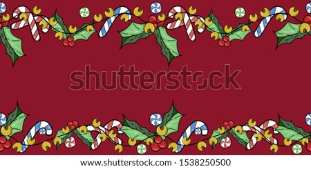 Pattern vector illustration of Christmas bells, sweets and New Year's mistletoe.