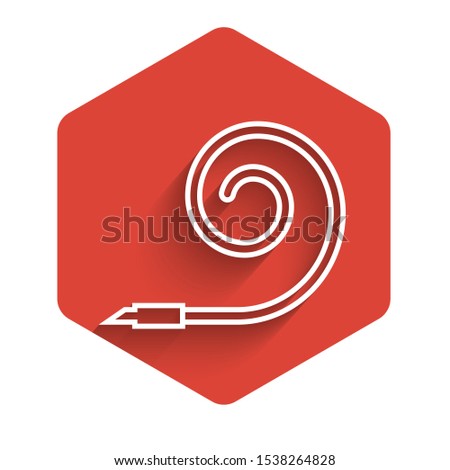 White line Birthday party horn icon isolated with long shadow. Red hexagon button. Vector Illustration