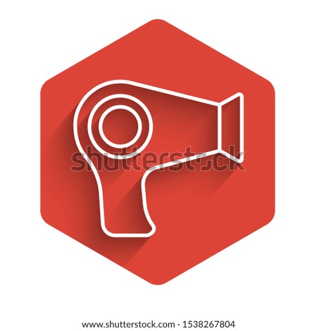 White line Hair dryer icon isolated with long shadow. Hairdryer sign. Hair drying symbol. Blowing hot air. Red hexagon button. Vector Illustration