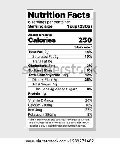 Label Nutrition facts. Vector. Food information with daily value. Package template. Data table ingredients calorie, fat, sugar, cholesterol. Standard vertical design isolated on gray background Royalty-Free Stock Photo #1538271482