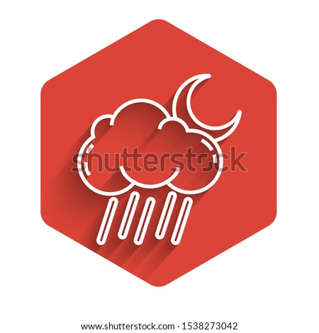 White line Cloud with rain and moon icon isolated with long shadow. Rain cloud precipitation with rain drops. Red hexagon button. Vector Illustration