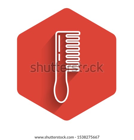 White line Hairbrush icon isolated with long shadow. Comb hair sign. Barber symbol. Red hexagon button. Vector Illustration