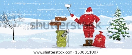 Santa Claus making selfie or making video bloggingwith sack of gift boxes on his smartphone against landscape. Vector Illustration