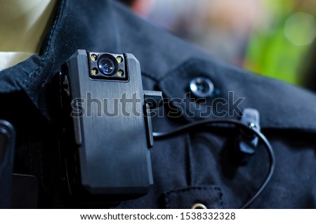 Close-up of police body camera Royalty-Free Stock Photo #1538332328