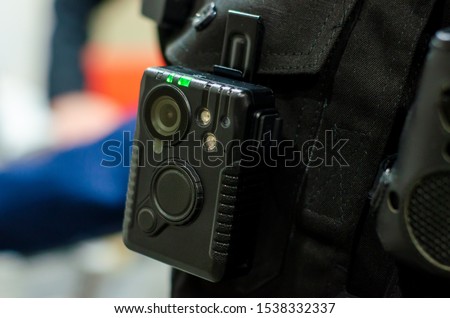 Close-up of police body camera Royalty-Free Stock Photo #1538332337