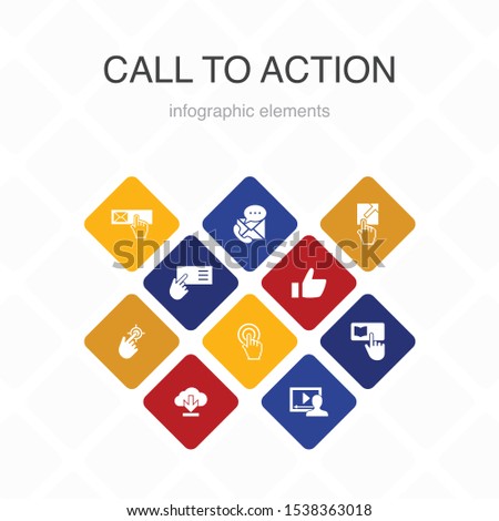 Call To Action Infographic 10 option color design. download, click here, subscribe, contact us simple icons