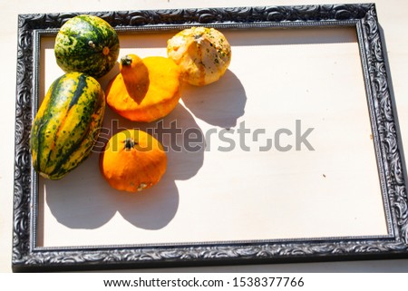 Pumpkins, apples and pears on wood background in a picture frame