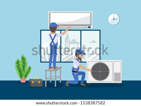 Technician repairing split air conditioner on a blue wall. Construction building industry, new home, construction interior. Cartoon character vector illustration Royalty-Free Stock Photo #1538387582