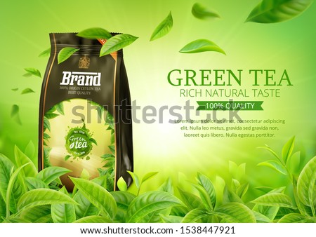3d realistic vector horizontal banner, nature, green tea garden background with tea packaging and flying leaves  for your design, ads Royalty-Free Stock Photo #1538447921