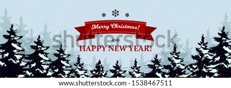 Beautiful Christmas horizontal greeting card in retro style with Christmas trees and lettering. Place for text. Vector illustration with hand drawn elements.