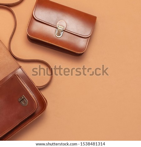 Two Brown leather women bag on brown beige background top view flat lay copy space. Fashionable women's accessories. Sales Fashion Concept. Stylish Lady Clothes. Luxury Leather Bag. Shopping