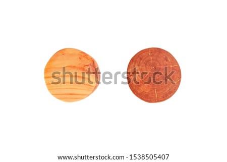 Wood round pieces on isolated background. Light and dark wooden circles as concept of kids development toy, construction or decoration. Mockup stairs or diagram elements