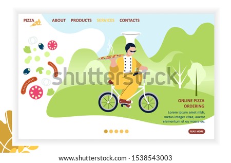 Flat Landing Page for Online Pizzeria.Fast Delivery. Food Pizzeria Restaurant Order Online.Web Template Concept.Man delivery packaging box to customers on a bicycle.Cartoon Vector Illustration