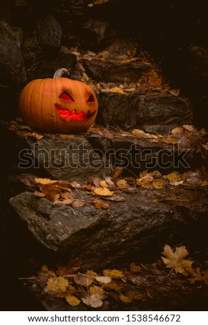Pumpkin with Burning In eyes in autumn Forest on old stone castle stairs.  Halloween Background. 