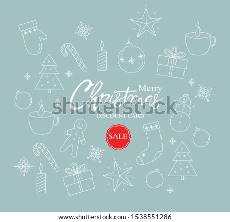 Merry christmas sale discount card with christmas outlined decorations. Gloves, candles, tree, tea, gift boxes and gingerbread cookies. Vector