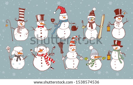 Set of doodle sketch snowmen on blue background with snowflakes.