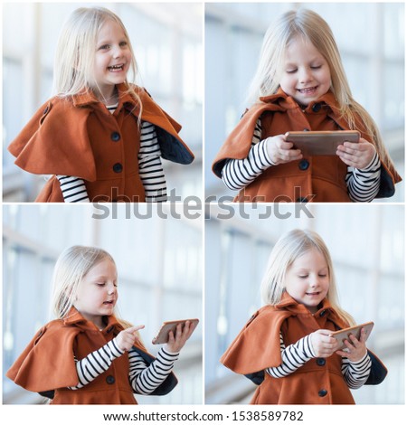 Happy little girl surfing net on smartphone. Collage portrait. Kid wearing striped dress and brown coat. Girl laughing at camera