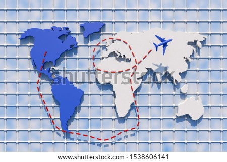 3d Traveling around the world by plane. 3d illustration. World Travel concept