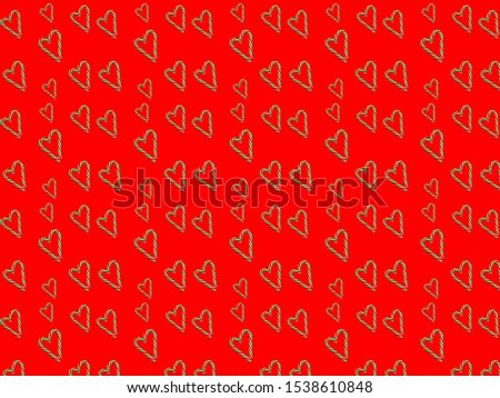 Little hearts from christmas candies on a red background. Seamless pattern wrapping paper concept, wallpaper, fabric pattern.