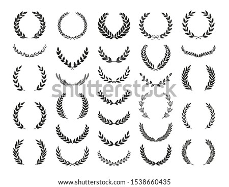 Set of different black and white silhouette circular laurel foliate, wheat and olive wreaths depicting an award, achievement, heraldry, nobility, emblem. Vector illustration. Royalty-Free Stock Photo #1538660435