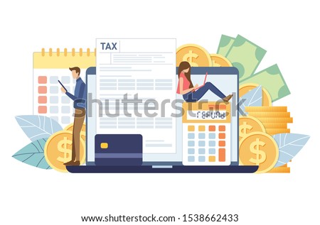Online Tax payment. Filling tax form. TAX concept. People vector illustration.  Royalty-Free Stock Photo #1538662433