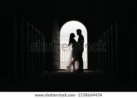 Silhouette of loving couple hugging while standing in doorway on black background, Bride and groom in wedding day posing in a doorway