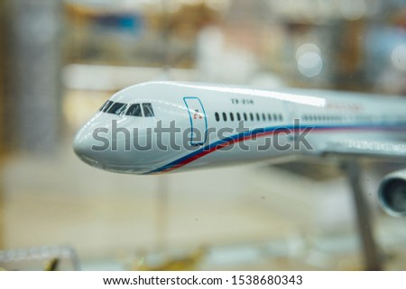 Russian plane toy at airport on takeoff
