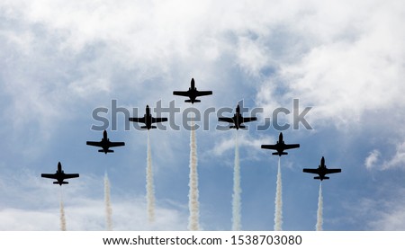 "Aguila air patrol" in Exhibition and Air parade in the sky of Madrid, Spain Royalty-Free Stock Photo #1538703080