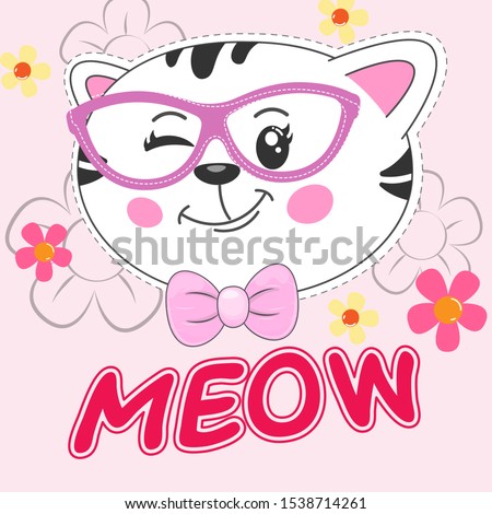 Beautiful cartoon kitty girl in glasses.  Modern flat poster for prints, kids cards, t-shirts and other. Vector illustration.