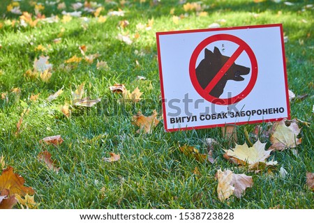 Green lawn with fallen maple leaves and sign with the inscription in Ukrainian: dog walking is prohibited
