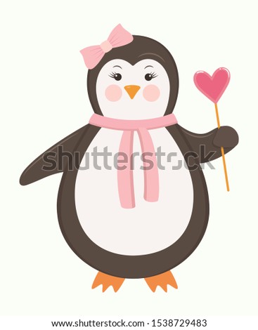 Vector flat illustration a bird penguin with heart shaped candy
