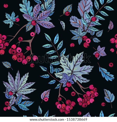 Seamless vector pattern with rowan berry branches on a dark background. Autumn background with red berries and leaves. It can be used for websites, packing of gifts, fabrics, wallpapers.
