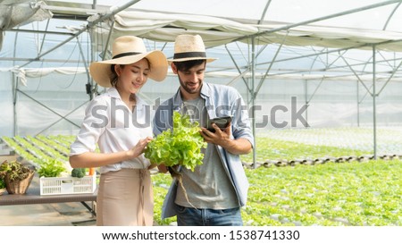 Farmer and partner with laptop for working organic hydroponic vegetable garden ,Smart farm concept