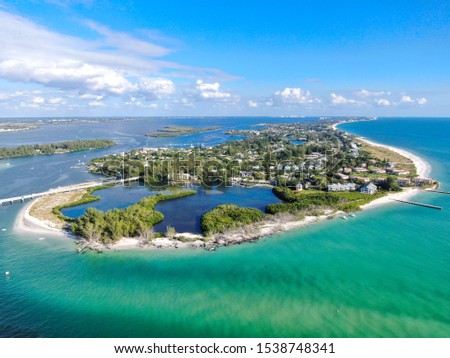 Aerial view of Longboat Key town and beaches in Manatee and Sarasota counties along the central west coast of the U.S. state of Florida,