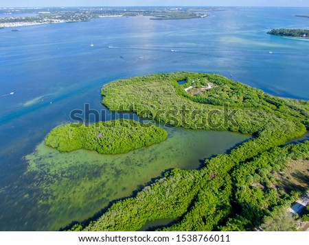 Aerial view of Anna Marial Island green lush and ocean, Manatee County, Florida. USA