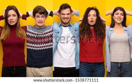 Set of people frustrated and takes hands on head