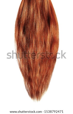 Long damaged straight henna hair isolated on white background