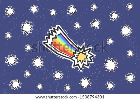 Vivid rainbow comet in graffiti design style on dark blue background. 