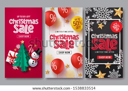 Christmas sale vector banner and poster template set. Christmas sale text with colorful elements of gift, snowman, tree, candy cane, balloons, snowflakes and stars in red, white black background.