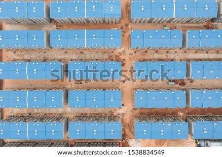 Aerial photographing urban residential building blue roof beautiful geometric top view