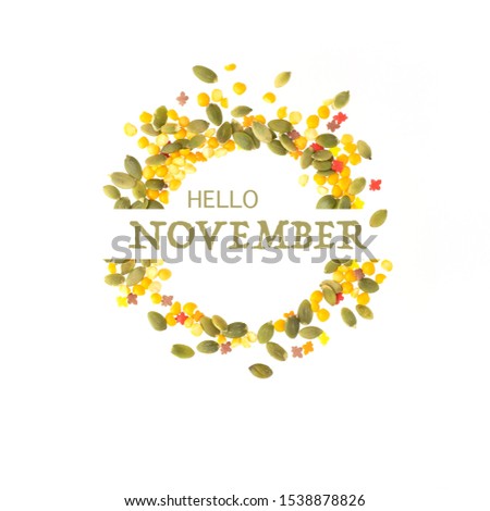 Hello November text sign in a natural beautiful, colorful frame made out of pumpkin seeds, leaves and yellow and red sprinkles isolated on a white background..