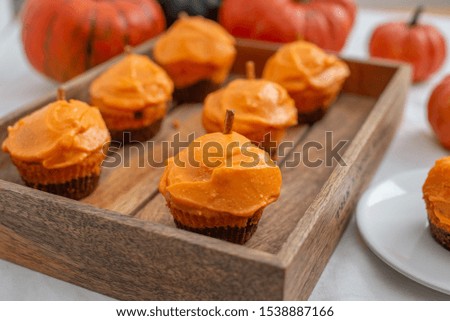 home made Halloween cupcakes and pumpkins
