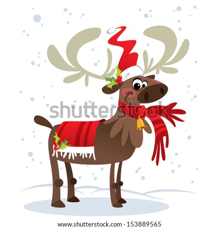 Happy smiling Santa Claus reindeer cartoon character in suit while snowing