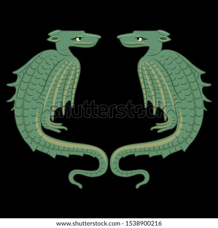 Isolated vector illustration. Symmetrical decor with two fantastic medieval dragons. On black background.
