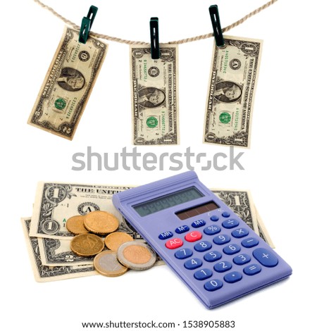 dollar banknotes calculator concept set Isolated object On White Background.