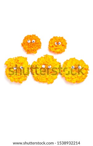 holidays concept. cute flowers with eyes for halloween over white background. flat lay, vertical frame